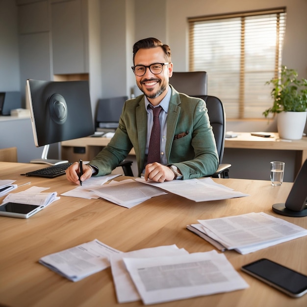 a man sitting at a desk with papers and a laptop on it