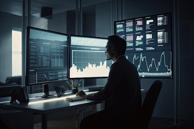 A man sitting at a desk with three computer monitors