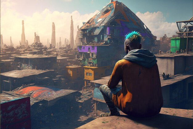 A man sitting engulfed in the slums looking at the towers in the distance