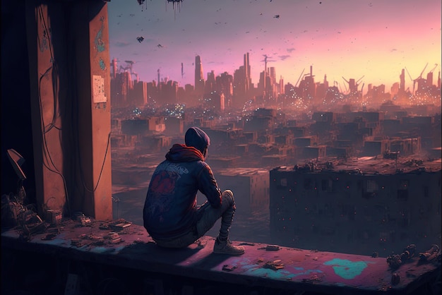 A man sitting engulfed in the slums looking at the towers in the distance