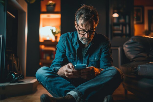 Photo man sitting on the floor absorbed in his phone at night ambient lighting