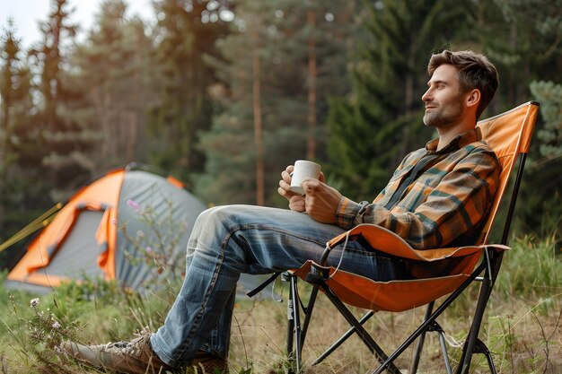 Photo a man sitting in a folding chair with a mug in front of him