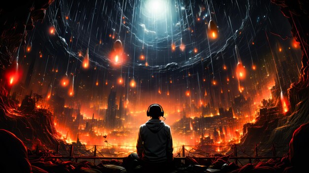 Man sitting in front of city filled with lights Generative AI