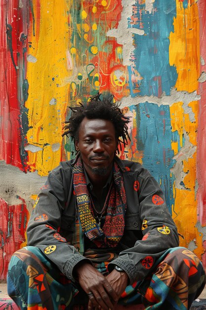 Man sitting in front of colorful wall