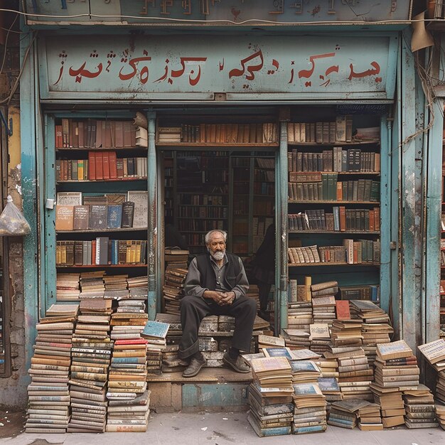 Photo man sitting in front of an old bookshop with musical instrument