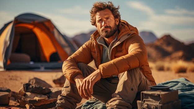 Man Sitting in Front of Tent in the Woods