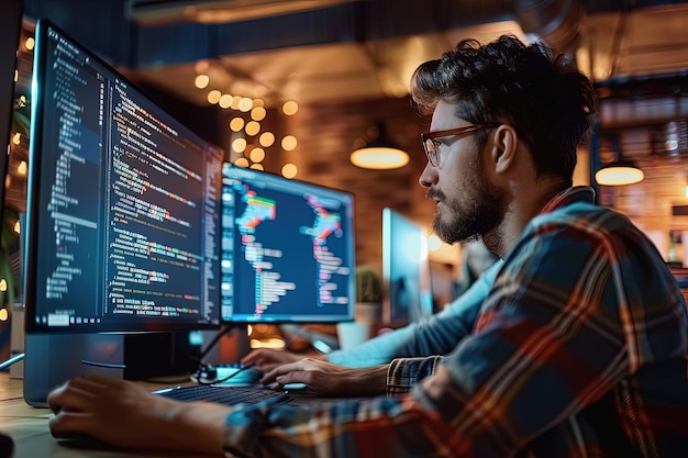 A man sitting in front of two computer monitors