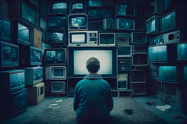 A man sitting in front of a wall of televisions in a lonely room