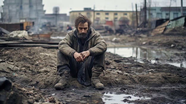 man sitting on the ground in a dirty area