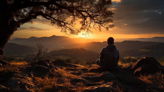 A man sitting on a hill and enjoying sunset moment