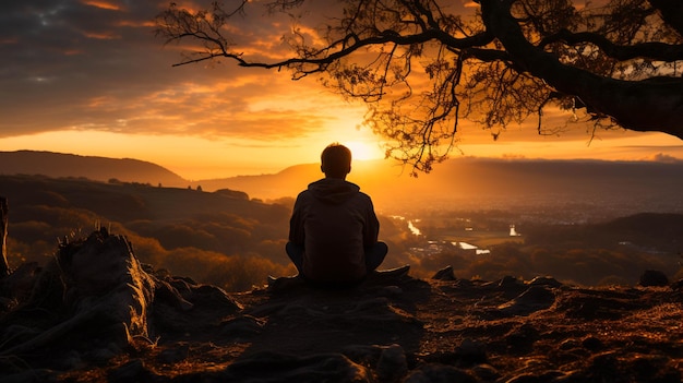 A man sitting on a hill and enjoying sunset moment