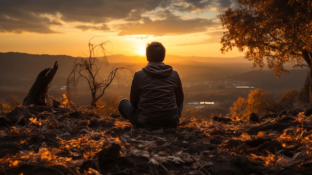 A man sitting on a hill and enjoying sunset moment