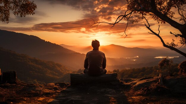 A man sitting on a hill and enjoying sunset moment