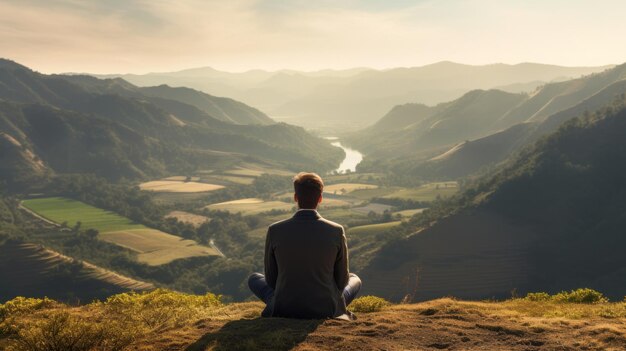 Photo man sitting on a hill looking at view of the majestic landscape at daytime amazing sunlight