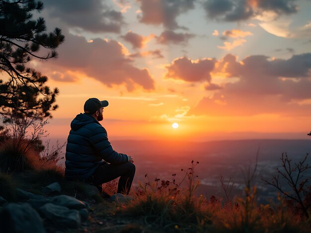 Photo man sitting on a hill watching the sunset