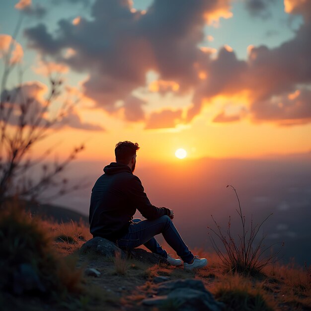 Photo man sitting on a hill watching the sunset