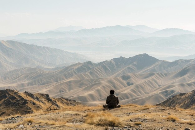 Photo man sitting on hill with mountain background evokes peace