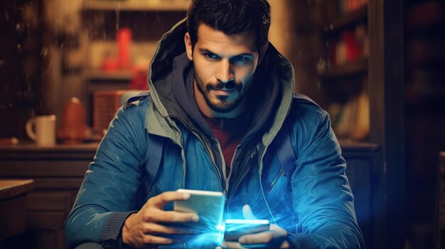 Man sitting in his living room using his cell phone