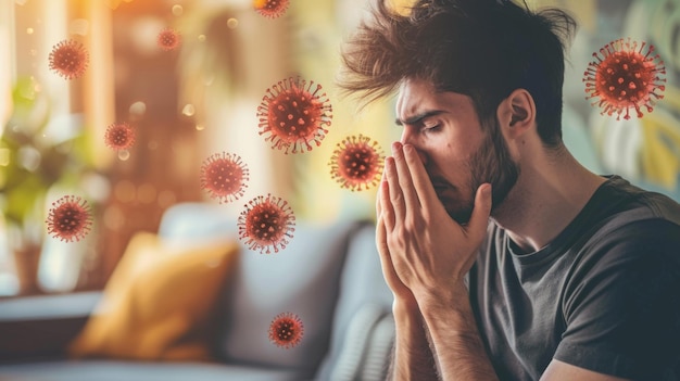 A man sitting indoors sneezing and suffering from a cold or flu surrounded by virus illustrations