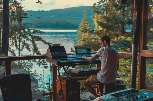 A man sitting at a keyboard in front of a lake