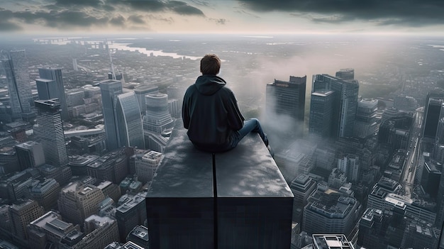 Photo man sitting on a ledge of a skyscraper high building personal crisis depression concept generative ai