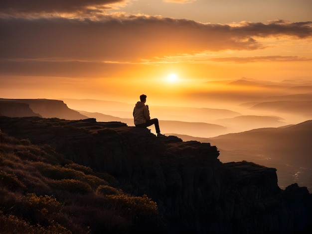 A man sitting lonely on a cliff staring at the beautiful view of sunset