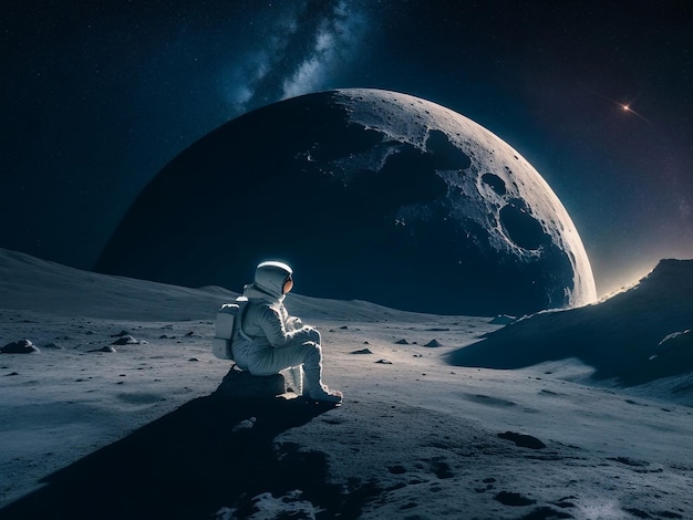 A man sitting on the moons surface illuminated