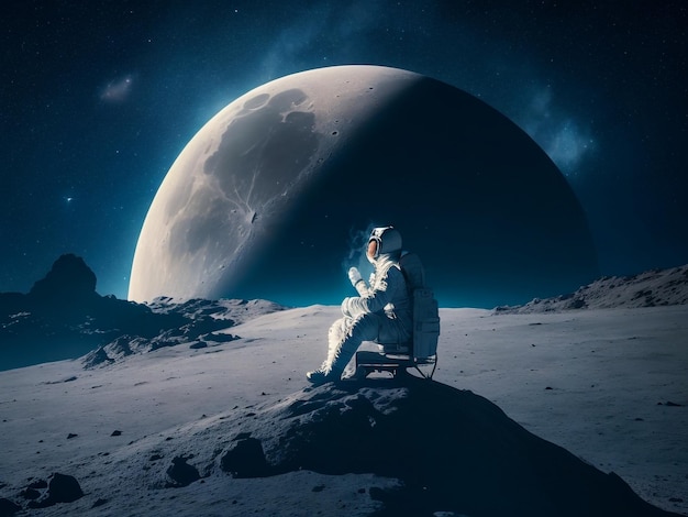 A man sitting on the moons surface illuminated