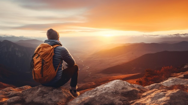 A man sitting on a mountain top gazing at the sun with a backpack on his back