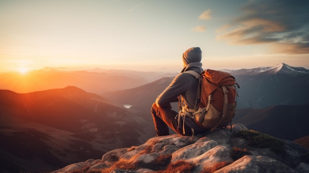 A man sitting on a mountain top gazing at the sun with a backpack on his back