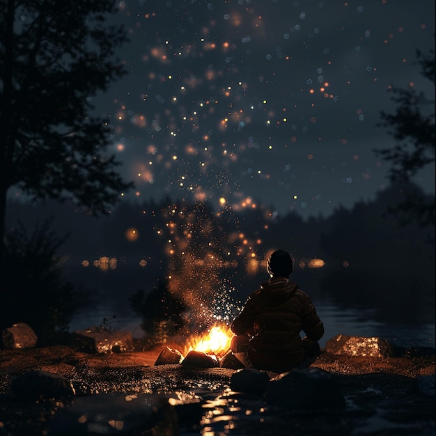 Photo a man sitting near the campfire and enjoy the atmosphere