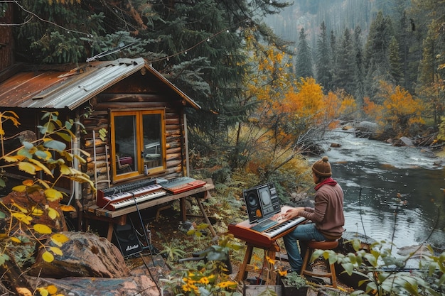 A man sitting at a piano in front of a cabin