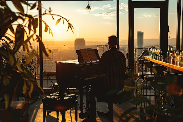 A man sitting at a piano in front of a window