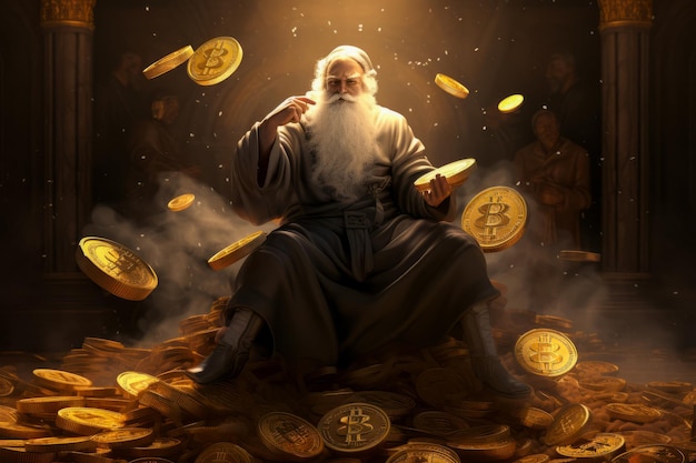 Man sitting on pile of gold coins with white beard Generative AI