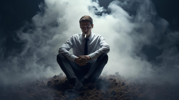 a man sitting on a pile of rocks with a man in a shirt and tie