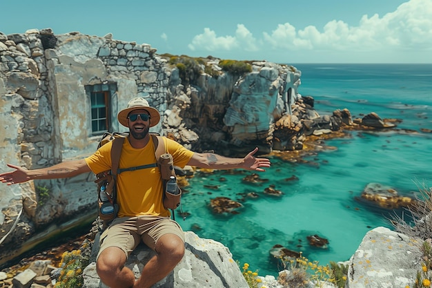 Photo man sitting on rock by ocean