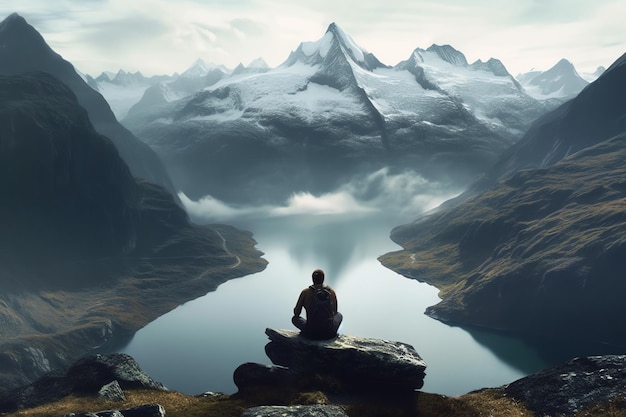 A man sitting on a rock in front of a mountain and the sky is cloudy.