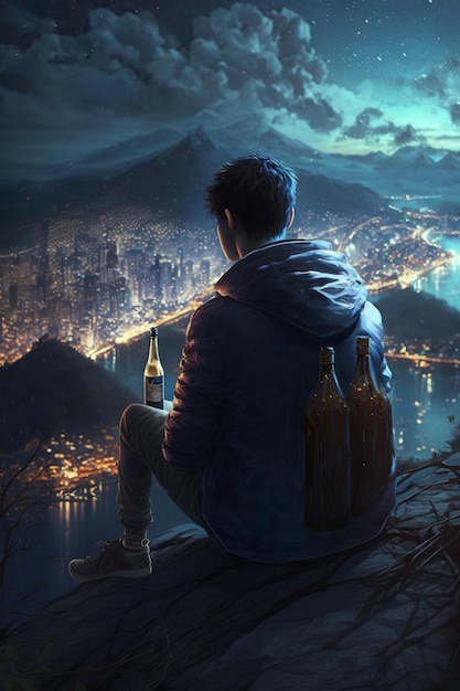 Man sitting on rock looking at bottle of beer generative ai