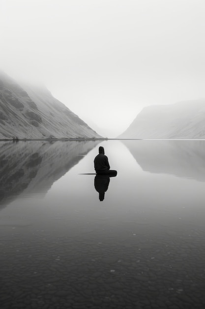 Photo man sitting on a rock in the middle of a lake with mountains in the background