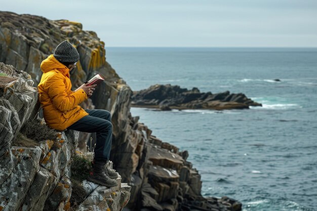 A man sitting on a rock next to the ocean