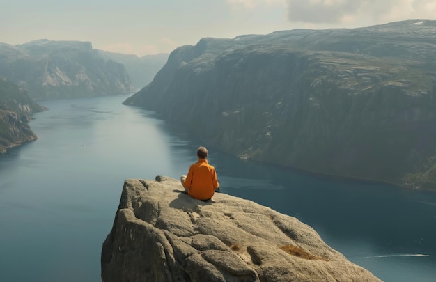 Photo man sitting on a rocky cliff overlooking a majestic fjord