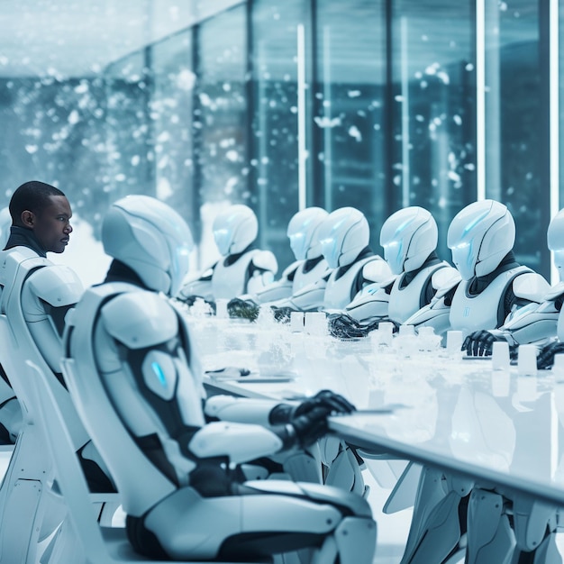 Photo a man sitting in a row of robots with the words quot robot quot on the back