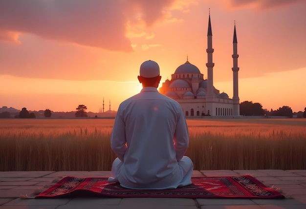 Photo a man sitting on a rug in front of a mosque