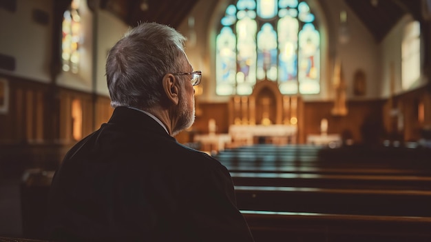 Man sitting solemnly in a church pew