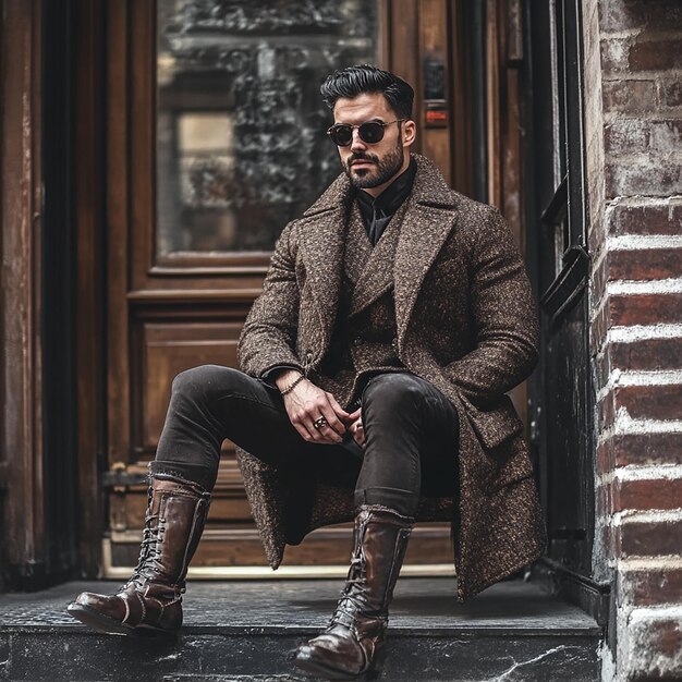 Photo a man sitting on a step in front of a door with a sign that says quot go quot