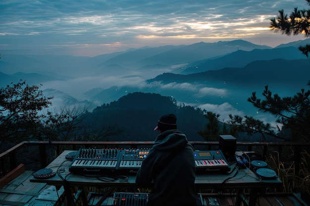 A man sitting at a table in front of a mountain