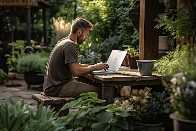 A man sitting on a table outside using a laptop