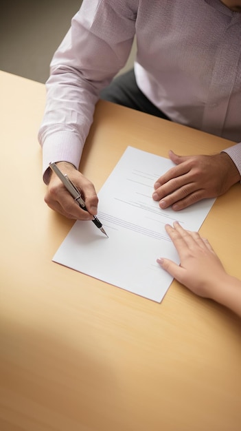 Photo man sitting at the table and signing a document with his hand completing a contract professional agreement document signing