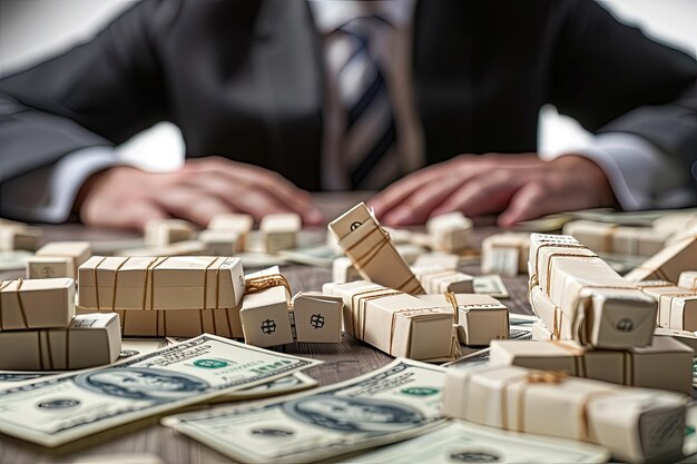 A man sitting at a table surrounded by stacks of money