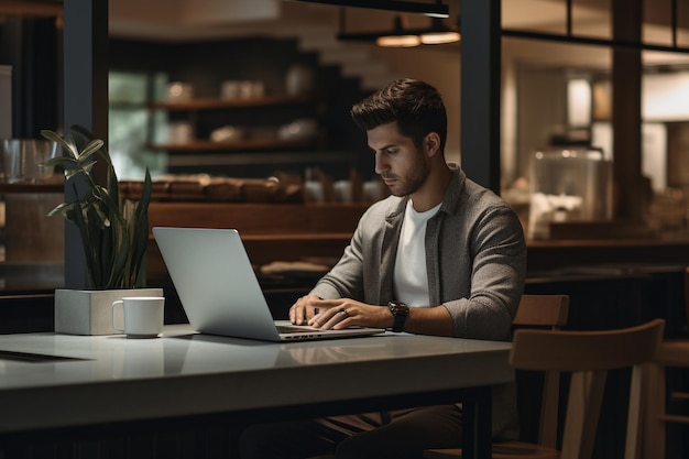 A man sitting at a table using a laptop computer Generative AI